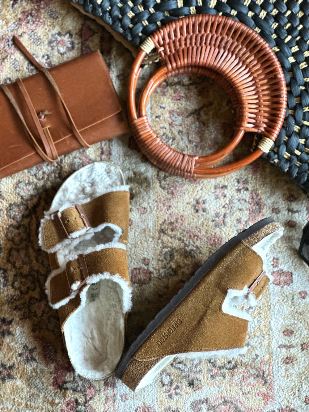 Birkenstock Suede Shearling Arizona Sandals in Chestnut and White
